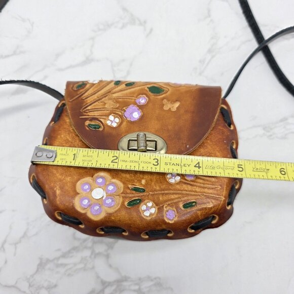 Small Mexican Leather Crossbody Bag Mini Brown Floral Butterfly Tooled Boho - Picture 6 of 10